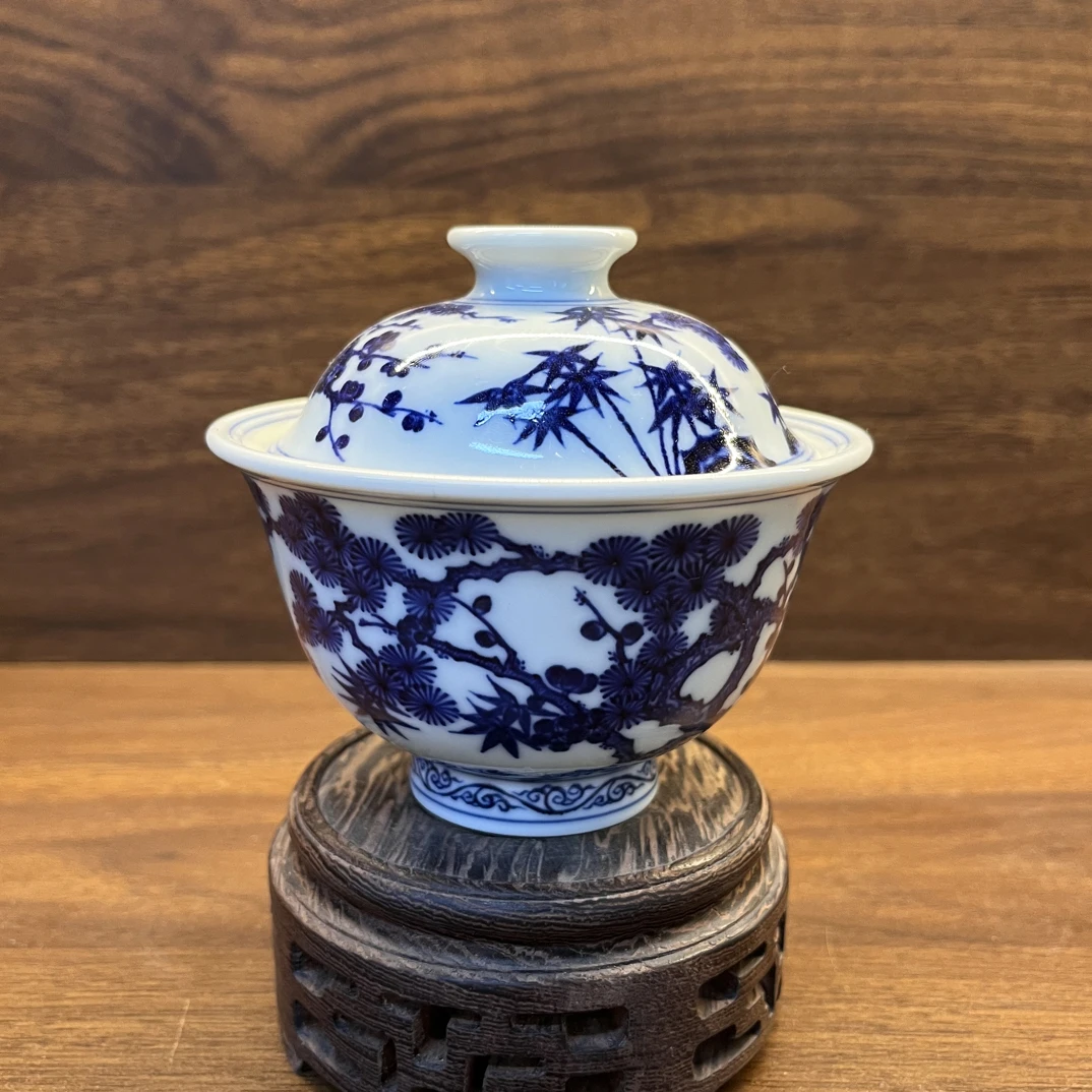 景德镇全手工手绘陶瓷防明松竹梅盖碗 高档陶瓷茶具 盖碗