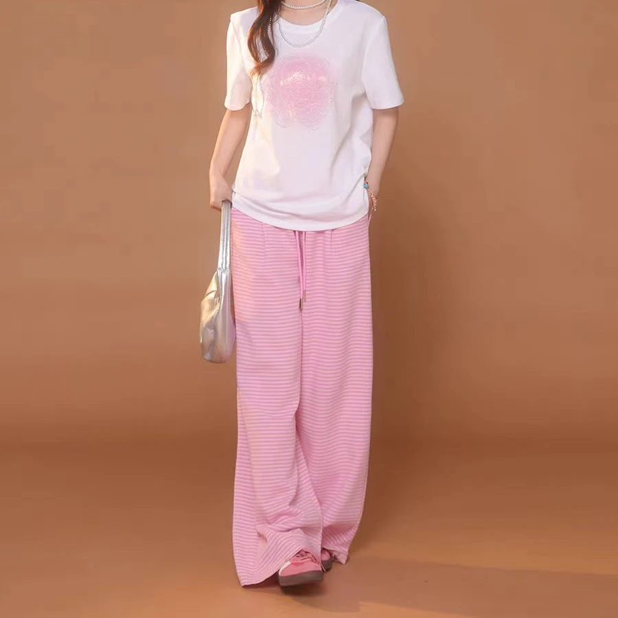 QUEEN DATE简约百搭横条纹宽松阔腿长裤25春夏新品