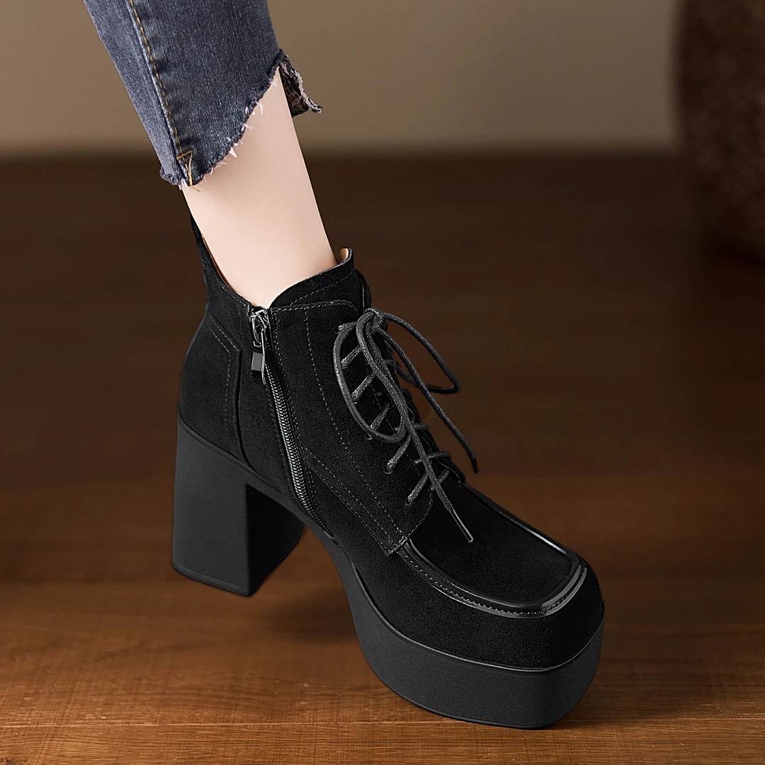 小个子手工女鞋9.5cm~防水台新款短靴增高高跟鞋系带圆头黑色羊猄