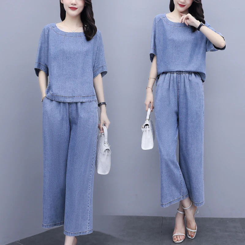阔腿裤时尚套装休闲风休闲复古宽松短袖夏季显瘦套装大码气质牛仔
