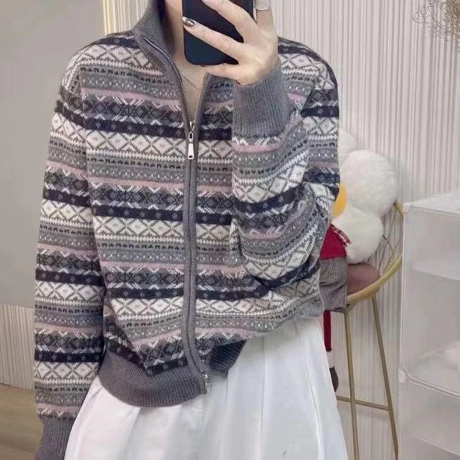 B 门店42&9！老板娘私服推荐！费尔岛提花~双拉链针织外套女 T4436