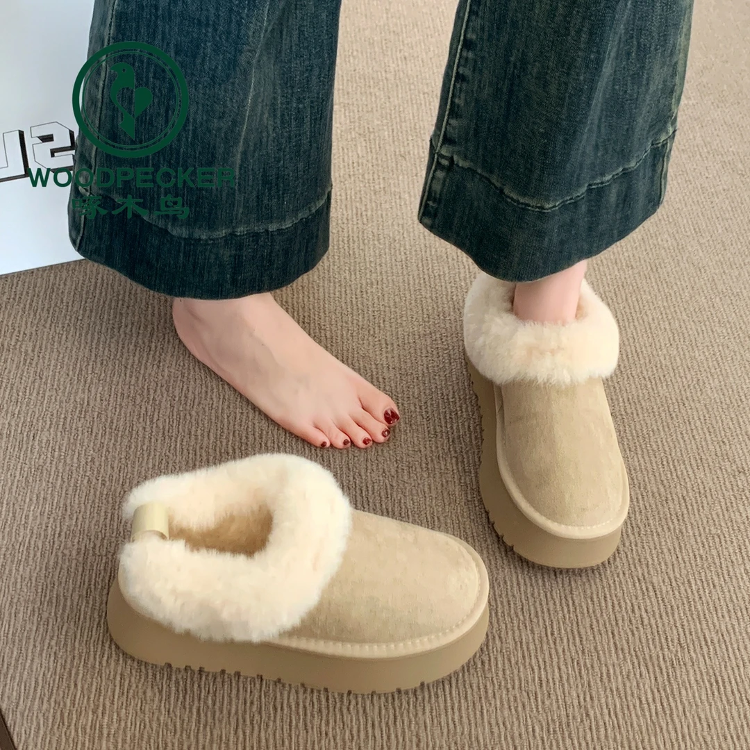 啄木鸟厚底低帮雪地靴女2025新款冬季加绒保暖加厚一脚蹬面包棉鞋