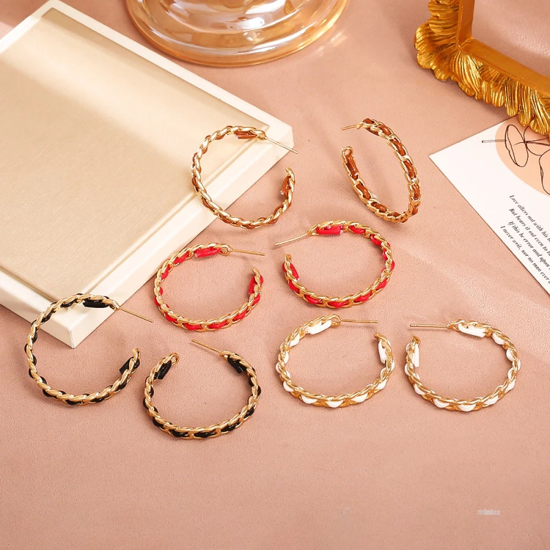 铜合金锆石耳饰 金色皮革编织小香风耳圈轻奢时尚气质爆款耳环个i