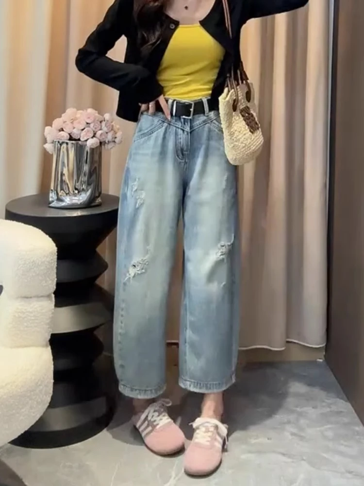 2025夏季新款高腰显瘦直筒破洞弯刀裤大码百搭宽松无弹遮胯阔腿裤