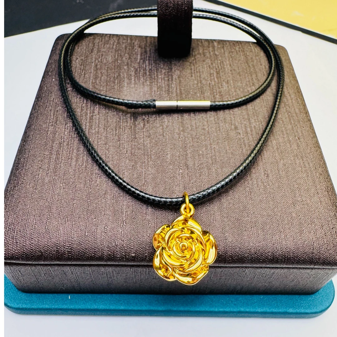 83# 足金999 黄金玫瑰花朵 吊坠 皮绳