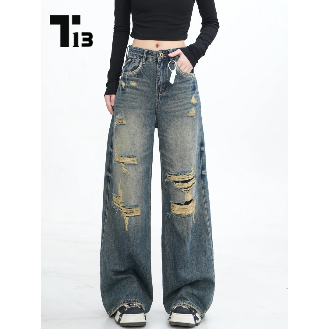 T13妮妮【XC11185】怀旧复古秋款宽松中高腰显瘦牛仔裤