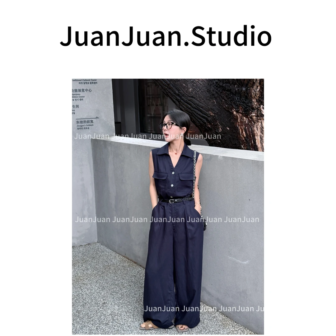 【时髦先锋】夏季天丝亚麻套装无袖上衣＋松紧直筒裤带腰带