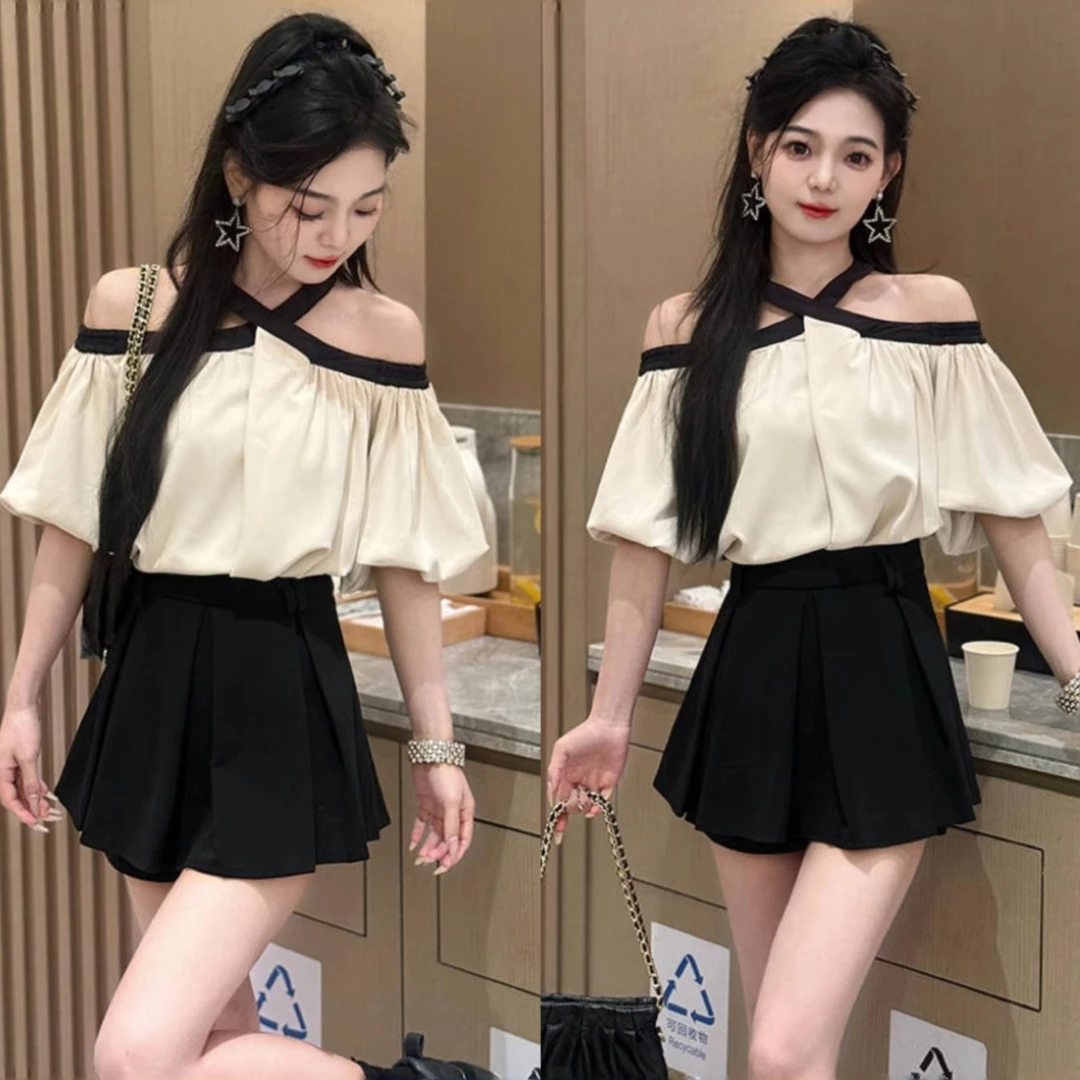 2025夏季爆款两件套温柔风洋气甜美泡泡袖挂脖露肩衬衫半身裙套装