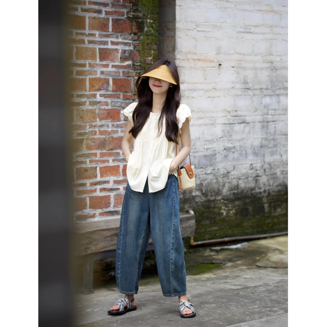 2025夏季新款法式小飞袖上衣宽松娃娃衫短袖衬衫女牛仔裤两件套潮