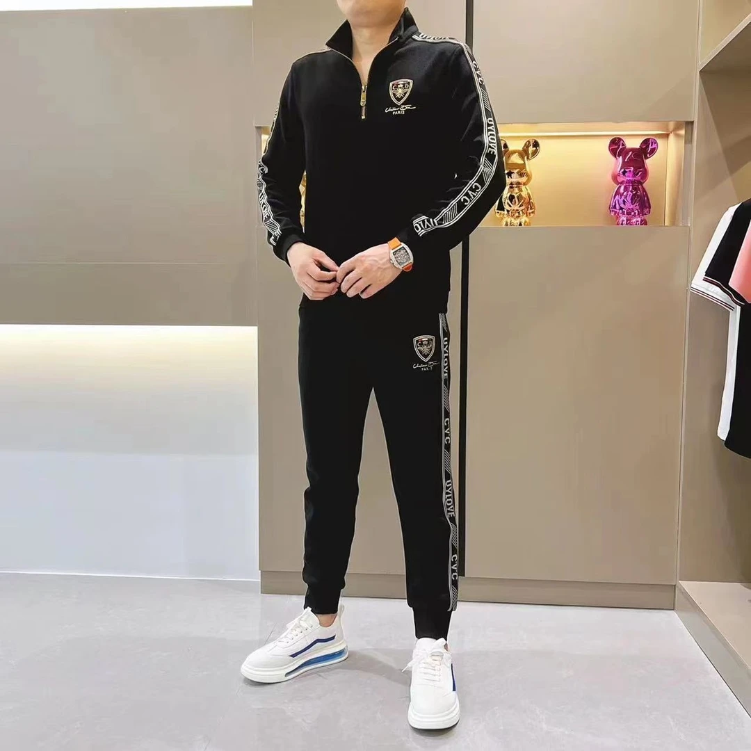 欧洲站男装春秋季轻奢百搭商务帅气立领两件套重工潮男士ins套装