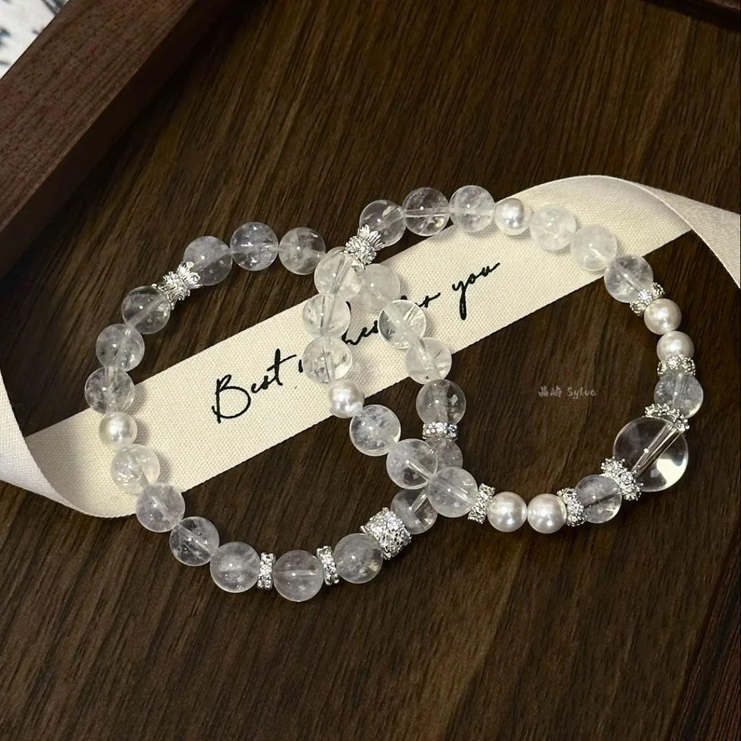 【初恋】 8mm白阿赛+10mm白水晶原创设计天然水晶手串