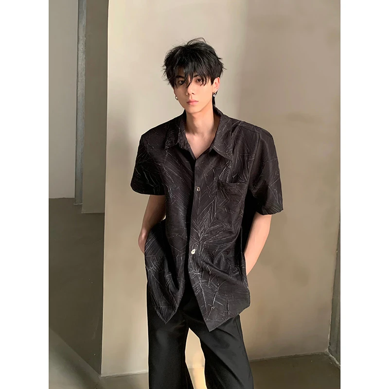 LINYILUCK/小众肌理感黑色裂纹垫肩花衬衫男高级感痞帅宽松衬衣潮