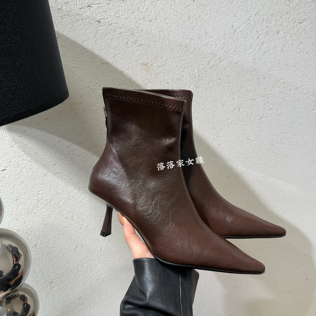 三种跟高~气质尖头高跟短靴女极简后拉链细跟裸靴百搭猫跟瘦瘦靴