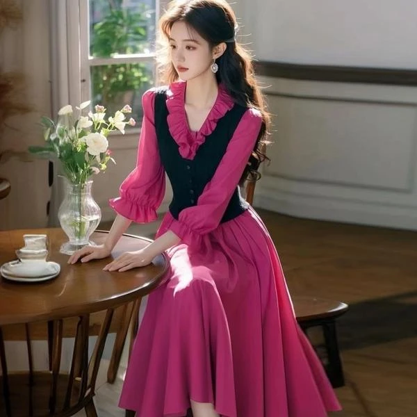 2025新款富千金感穿搭假两件气质名媛高端玫红色木耳边衬衫连衣裙