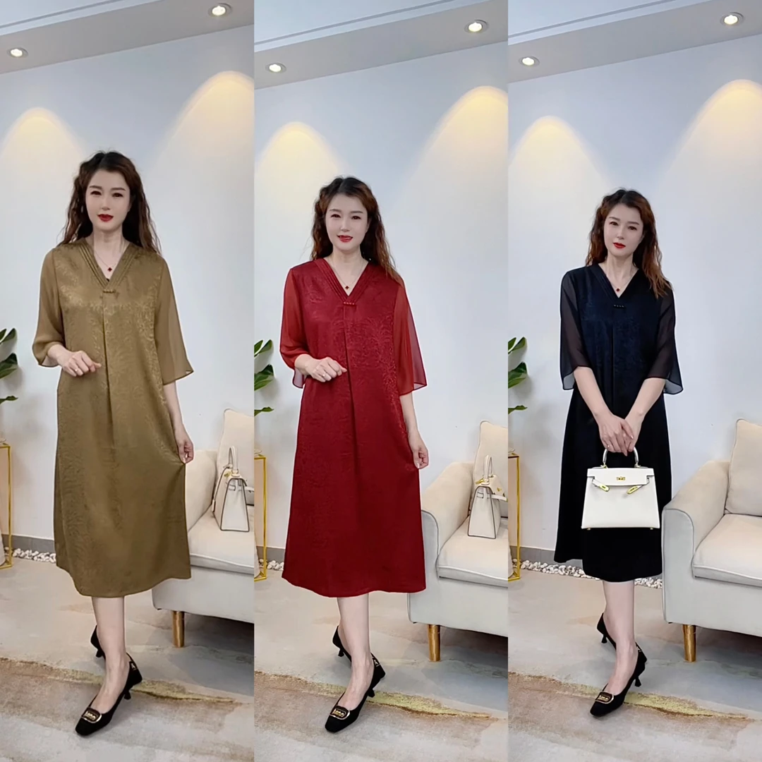 2025夏季新V领高档洋气七分袖连衣裙微胖中老年妈妈装001