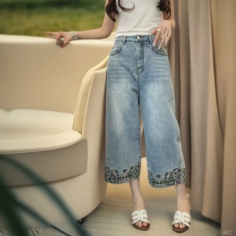 欧货南油高端2025夏小众复古重工高腰显瘦刺绣边八分牛仔裤女