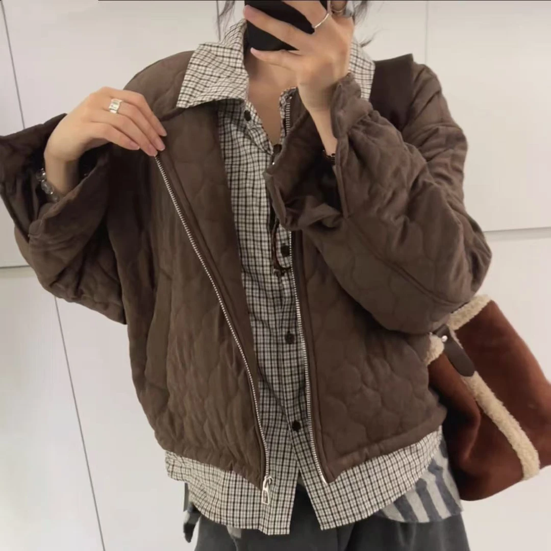 [易小慧]菱形格子假两件立领休闲百搭夹克棉服