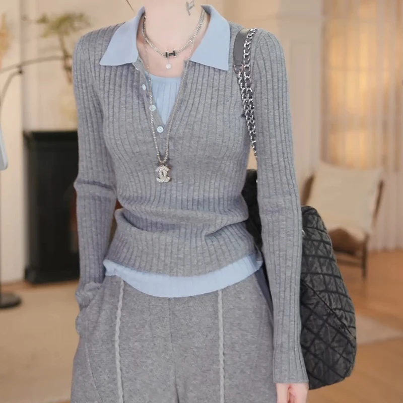 新款假两件撞色拼接显瘦百搭针织衫上衣LK2507243