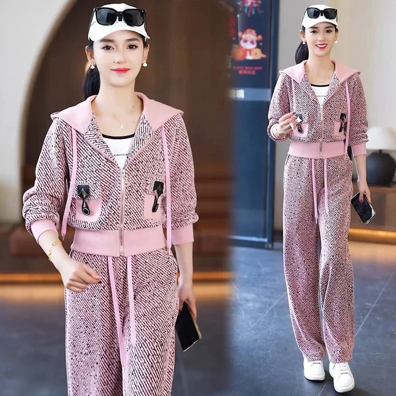 小香风时尚休闲运动服套装女2025年春季新款连帽外套阔腿裤两件套