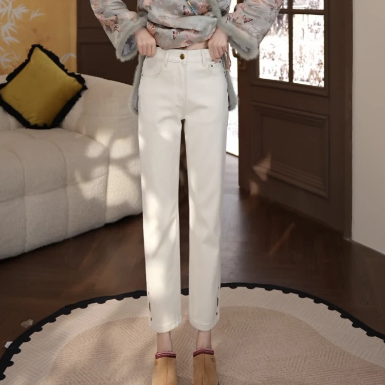 Miss.Z【法棍裤】加绒加厚秋冬高腰百搭显瘦宽松白色牛仔裤#1181