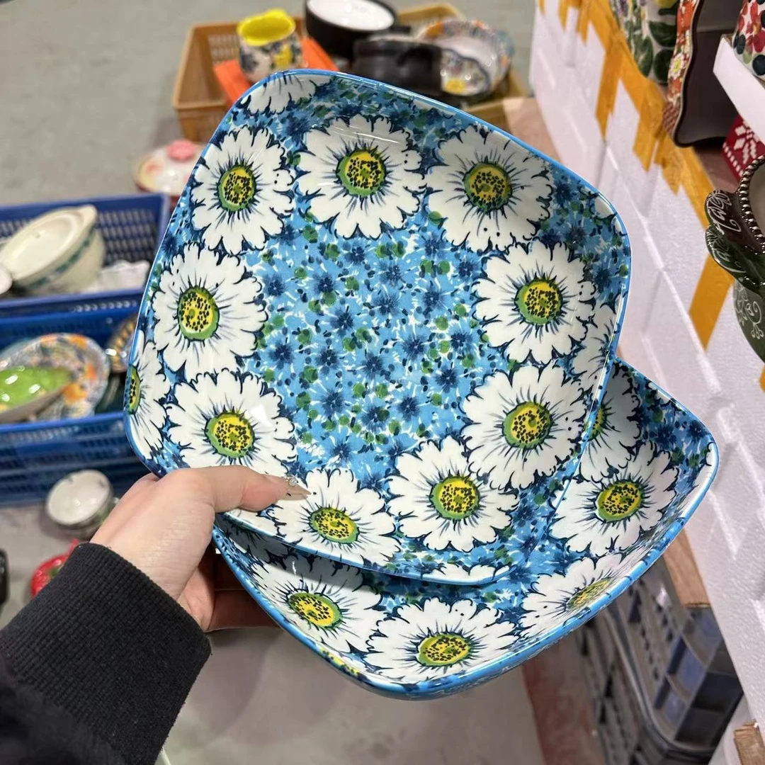 陶瓷海洋釉下彩四方8寸水果盘汤盘