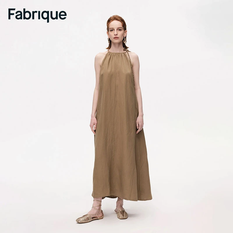 【Fabrique】辣辣同款棕色A型挂脖系带新款静奢风气质连衣裙女