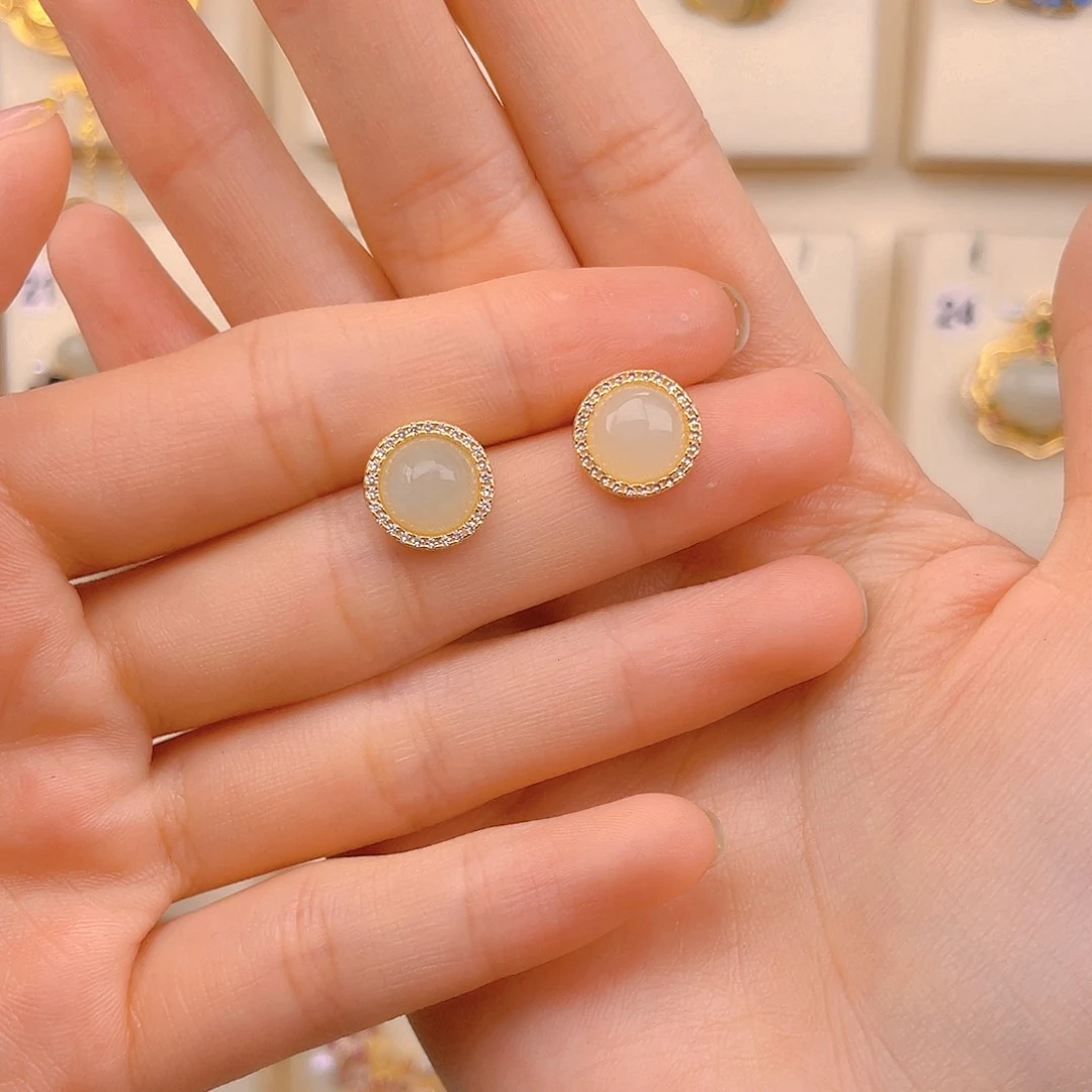 和田玉耳饰银S925镀金镶嵌