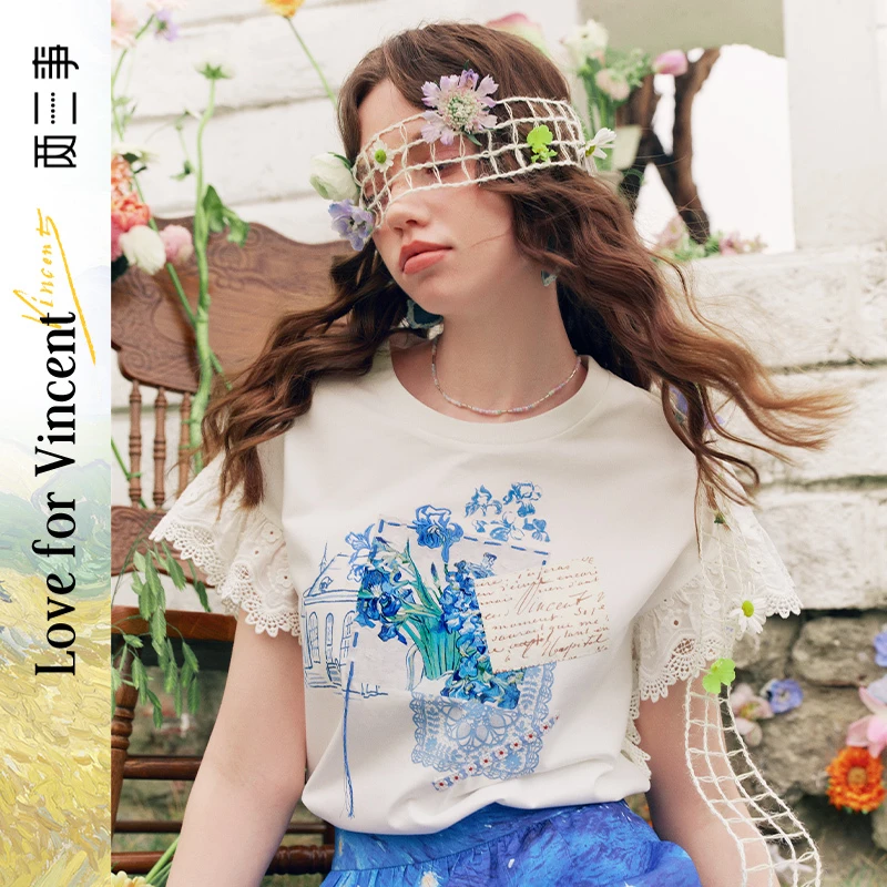 两三事南鸢絮语 2025新款小清新蕾丝拼接短袖t恤女