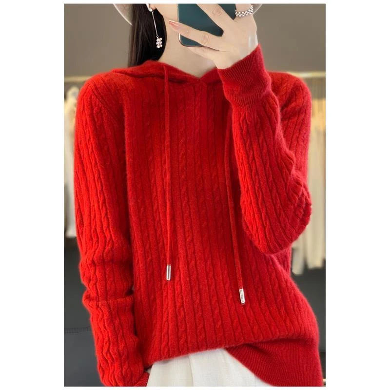 100%纯羊毛女士红色连帽羊毛衫D830