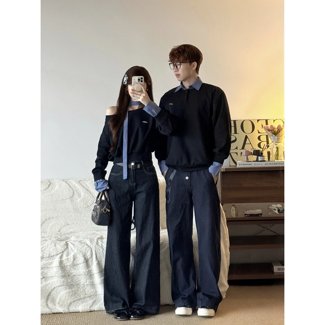 假两件拼接卫衣秋季2025新款韩版长袖小众露肩情侣装一长一短上衣