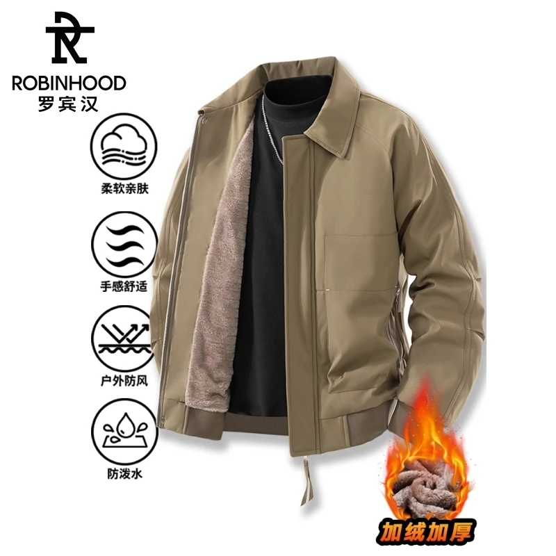 罗宾汉/ROBINHOOD冬季加绒棉衣男士外套新款工装翻领休闲百搭夹克