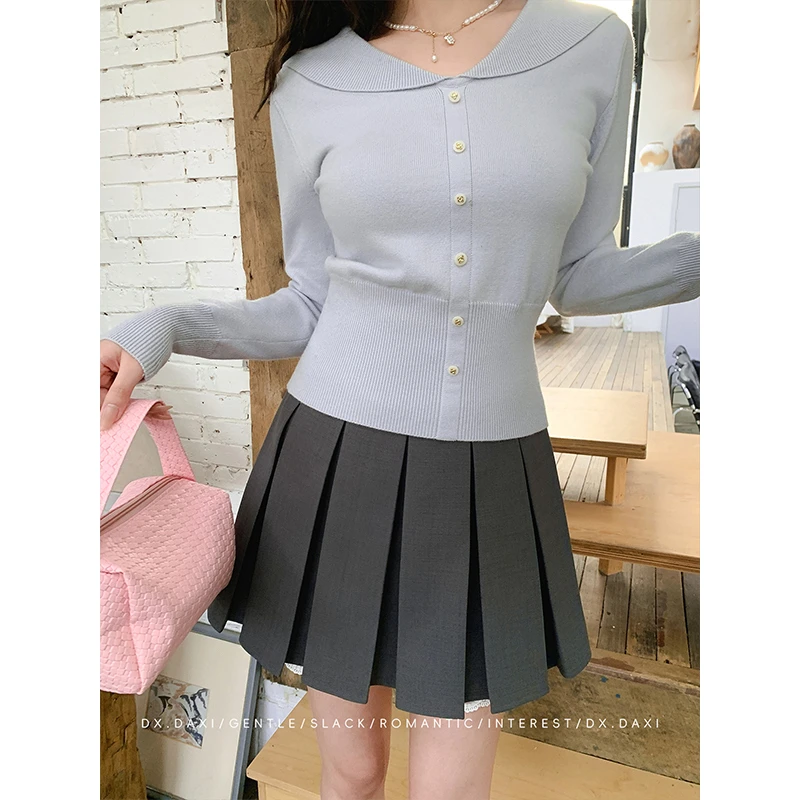 代大喜【七分糖】学院风高腰A字花边灰色百褶裙2025春季新款半身裙