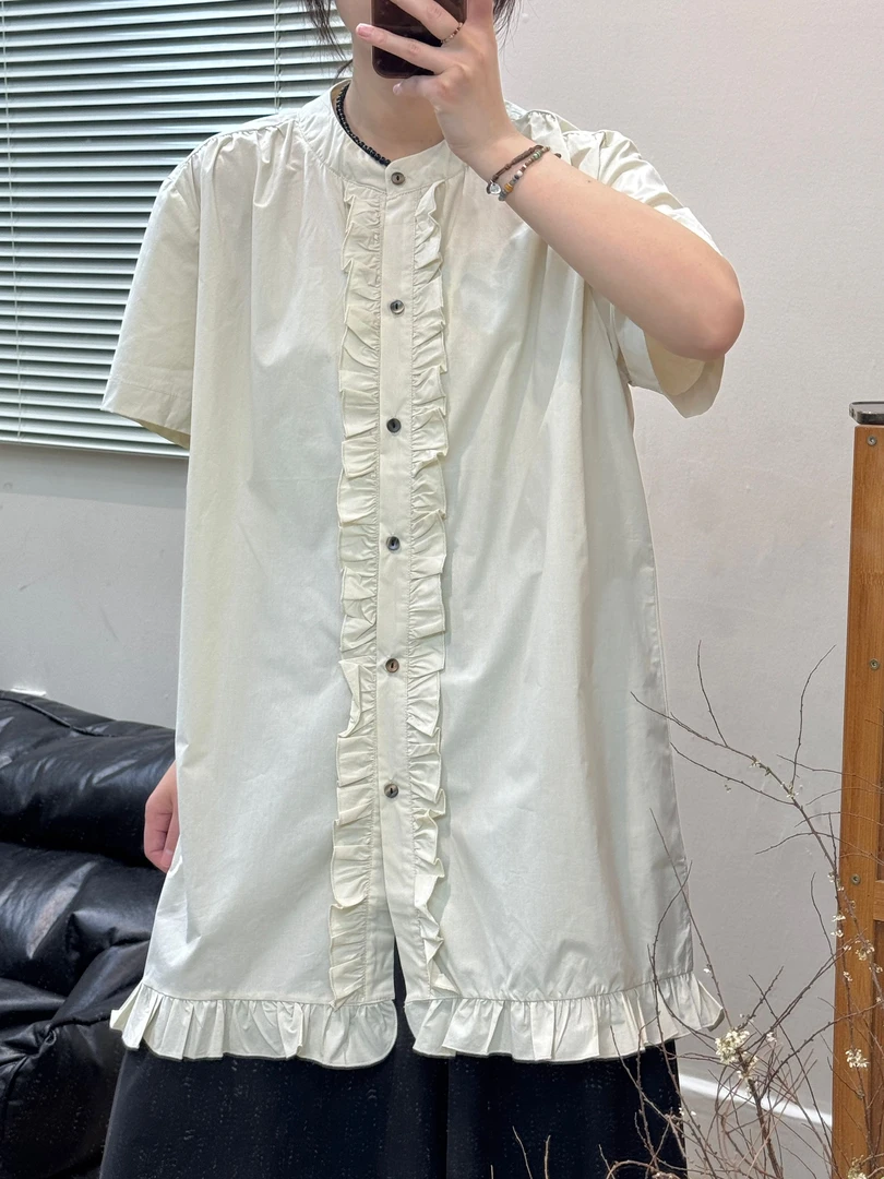 森系木耳花边短袖衬衫2025文艺清新甜美立领单排扣百搭宽松衬衫裙