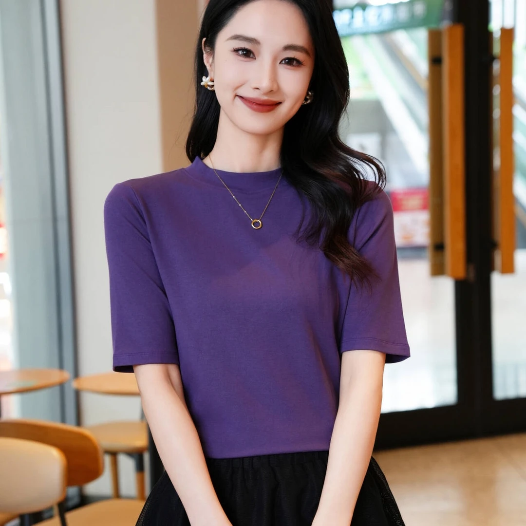 秋款高品质弹力棉显瘦洋气五分袖立领纯色T恤女中袖百搭上衣8021