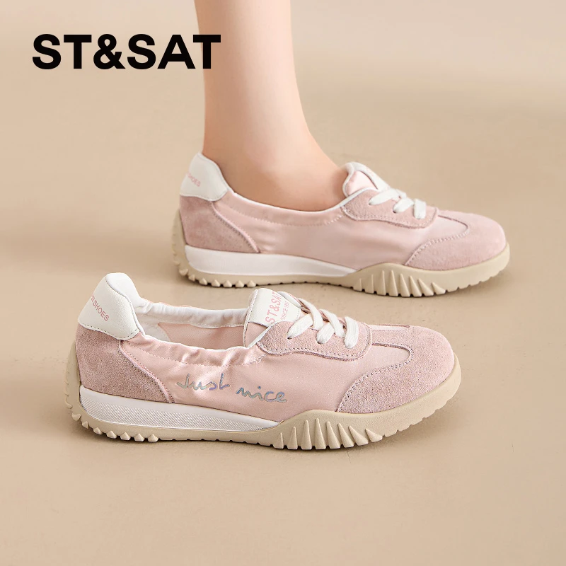 星期六粉色芭蕾单鞋女夏季2025新款一脚蹬平底鞋缎面德训鞋配裙子