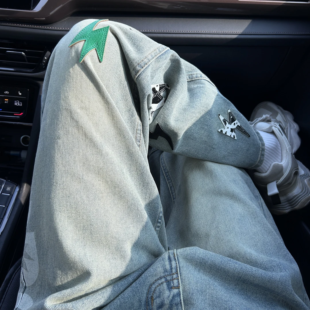 2025新款熊猫版闪电牛仔裤男网红同款潮流经典百搭宽松直筒休闲裤