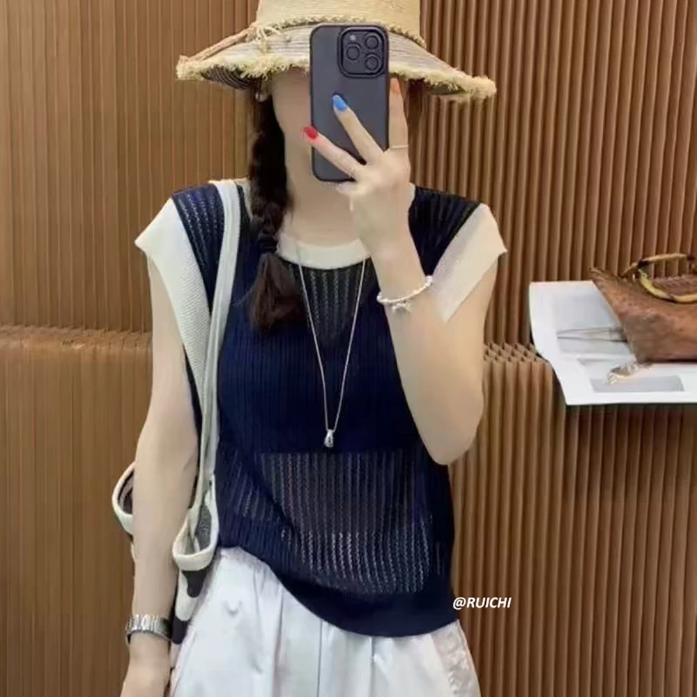 2025夏季休闲百搭撞色圆领竖纹高级飞飞袖针织衫薄款短款上衣女