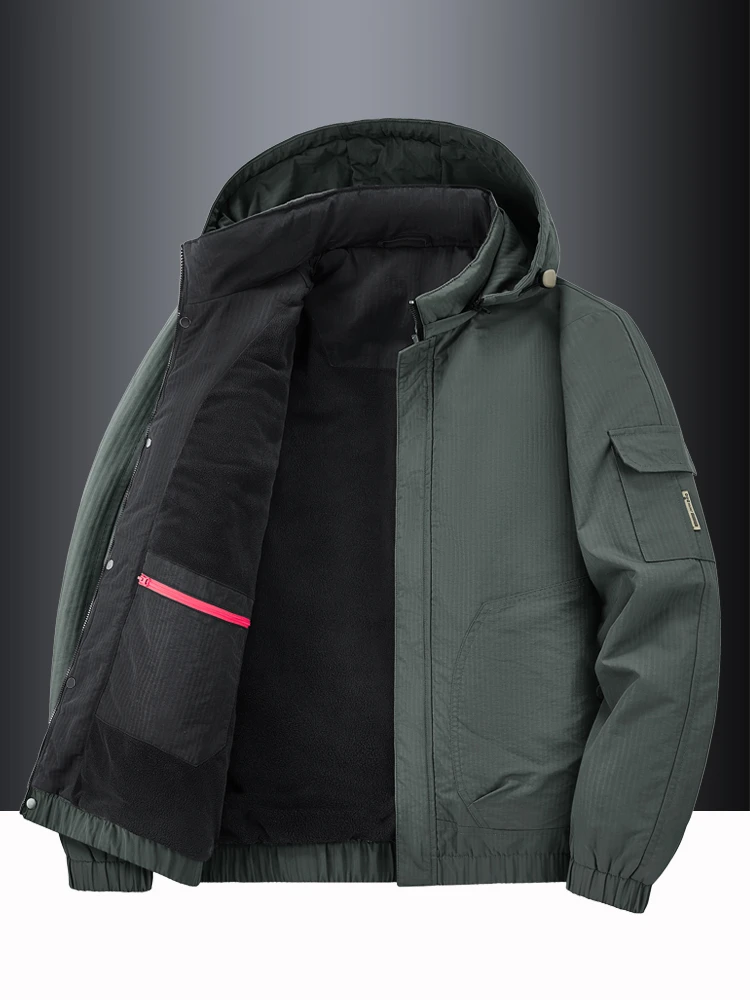 2025年秋冬新款男士加绒外套加厚保暖工装连帽冲锋衣夹克防水棉衣