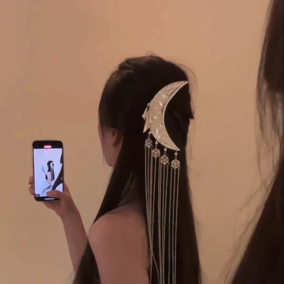 月牙流苏发钗新中式超仙古风战国袍发夹民族风后脑勺扎头发头饰品