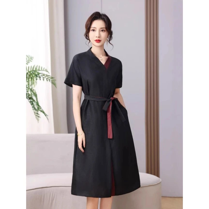 真丝香云纱气质连衣裙女春秋2025新款高贵中长款桑蚕丝V领系带裙