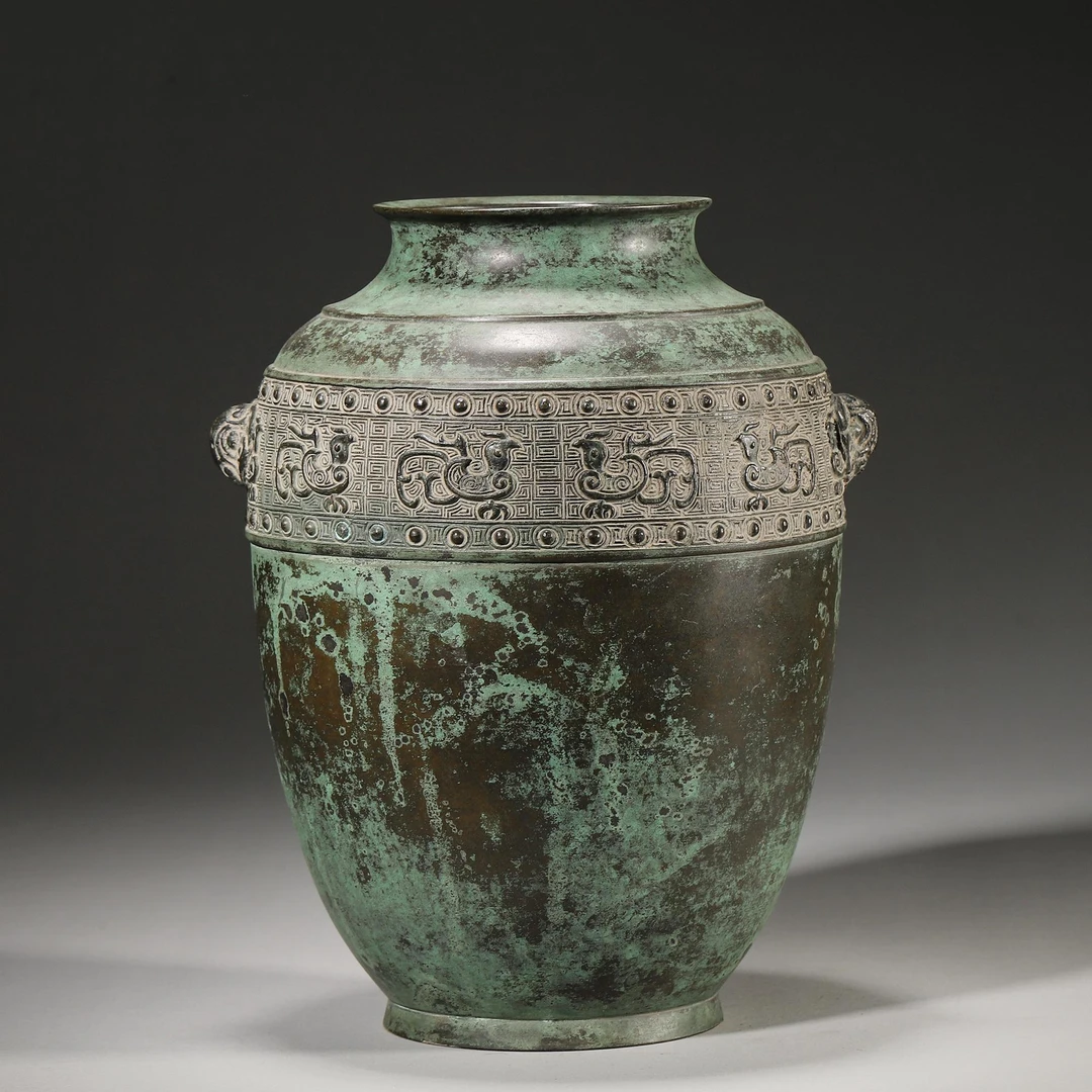 Tgz12 清代 云雷凤鸟纹兽耳铜瓶