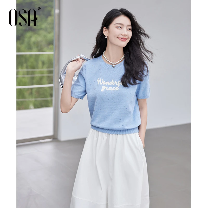 OSA/欧莎 【点彩针织】立体绣花女夏新休闲显瘦短袖上衣S125B16038