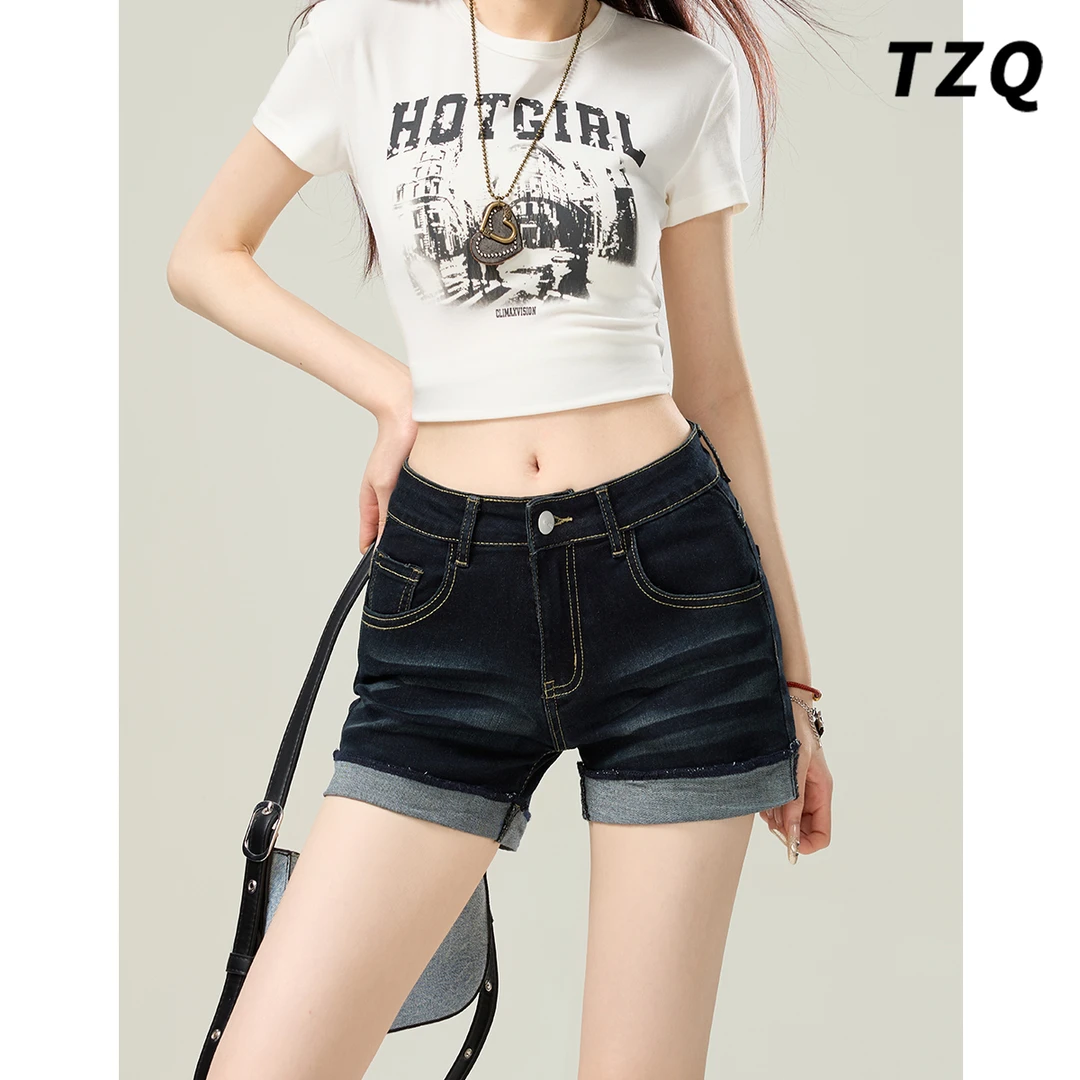 美式低腰卷边牛仔短裤女夏季新款显瘦气质性感包臀短裤TZQ2540601