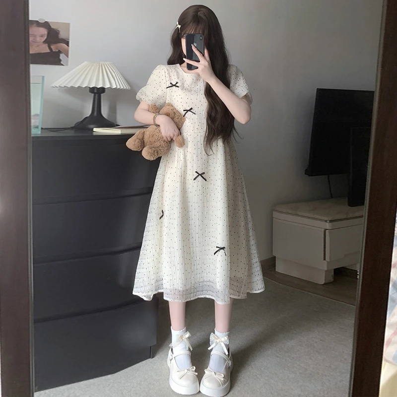 女大童法式复古公主裙夏日新款初中学生蝴蝶结波点甜美气质连衣裙