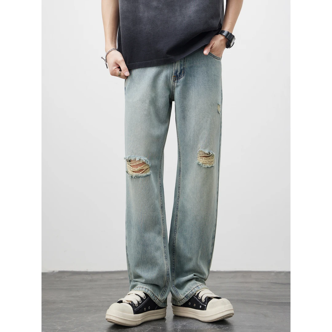 Kuvine2025夏季莱赛尔凉感轻薄破洞水洗宽松百搭男生外穿牛仔裤潮