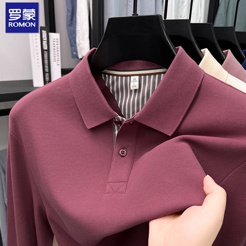 罗蒙【纯棉】春秋季男士休闲长袖T恤打底衫宽松纯色商罗蒙长袖polo