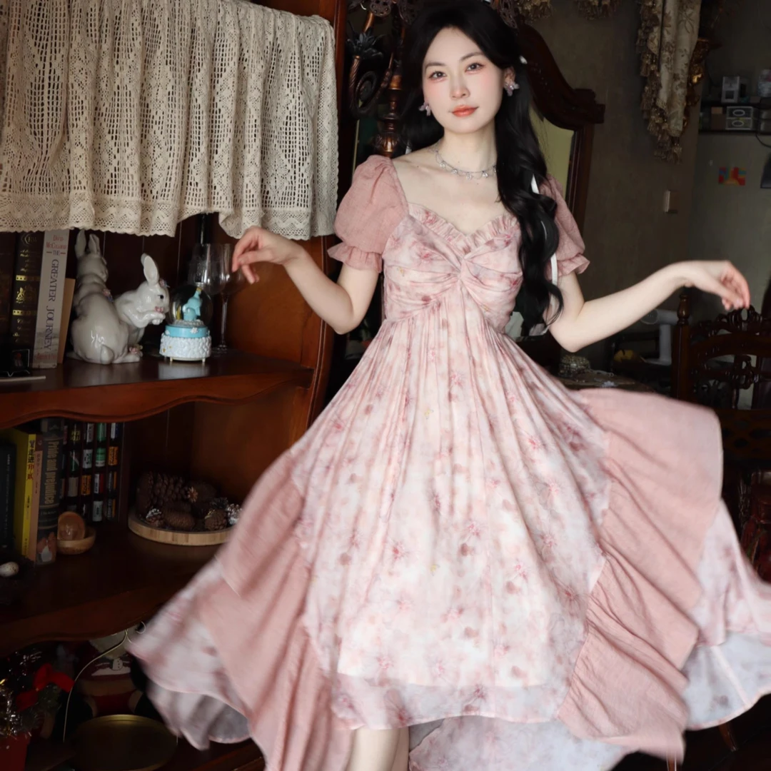 Blovelan月光裁影 甜美法式长裙印花拼接感高腰连衣裙女夏季