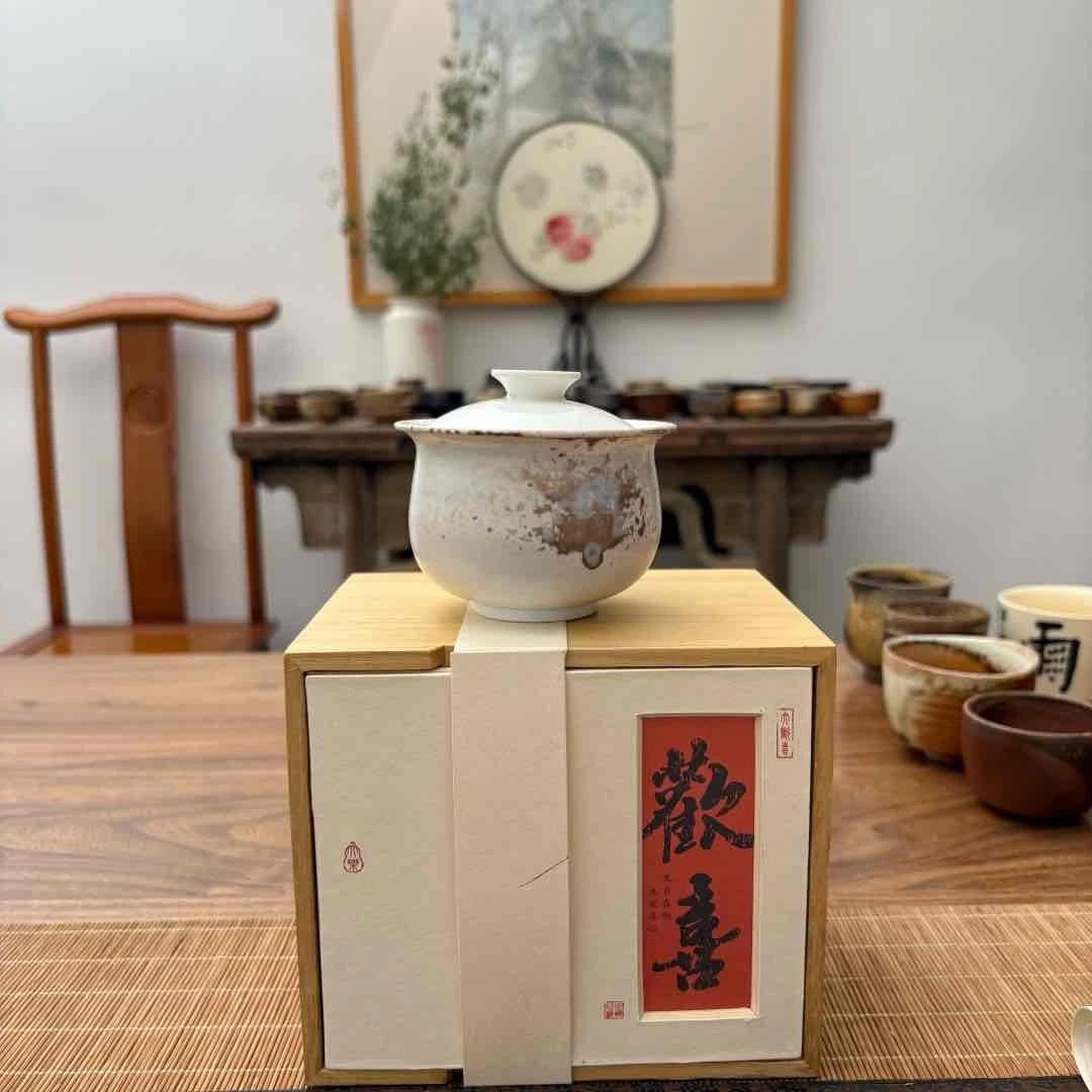 子樵造像手作柴烧盖碗陶瓷纯手工白高档陶复古007