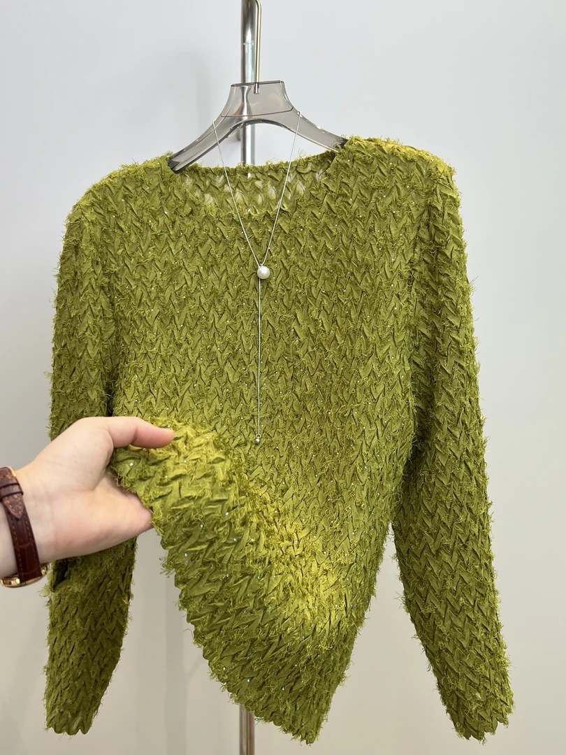 Chic（绿叶）2025冬季新款气质女装长袖流苏圆领显瘦高级感上衣