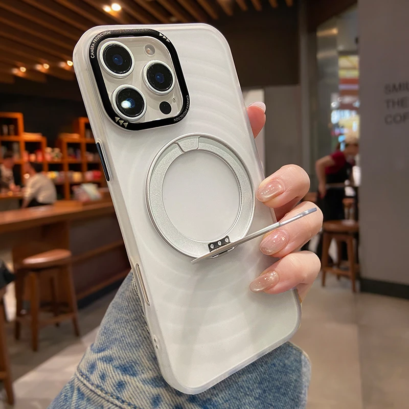 透明磨砂波漾纹适用苹果16promax手机壳男女新款15旋转磁吸支架14